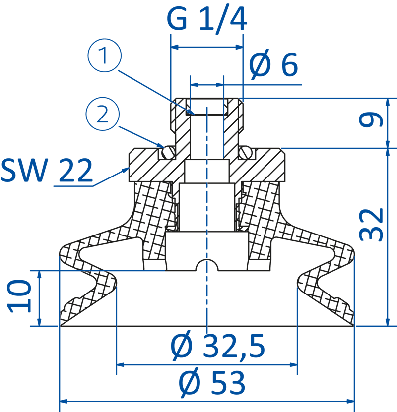 Размеры сильфонной вакуумной присоски FIPA серии SP-BX1 22.053.260